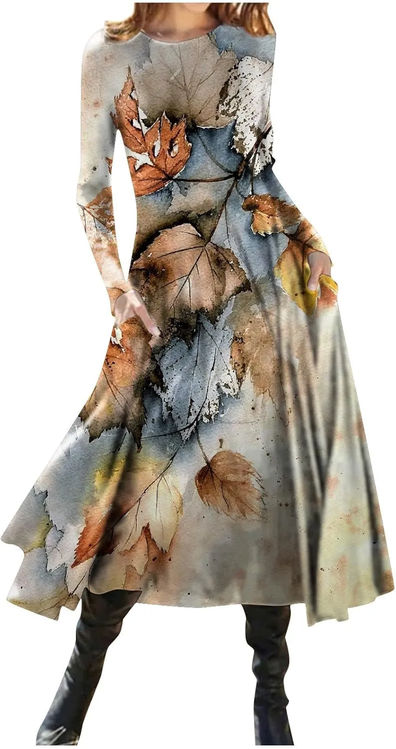 Womens Dresses Fall 2024 Fashion Floral Printed Long Dress Long Sleeve Round Neck Sundress