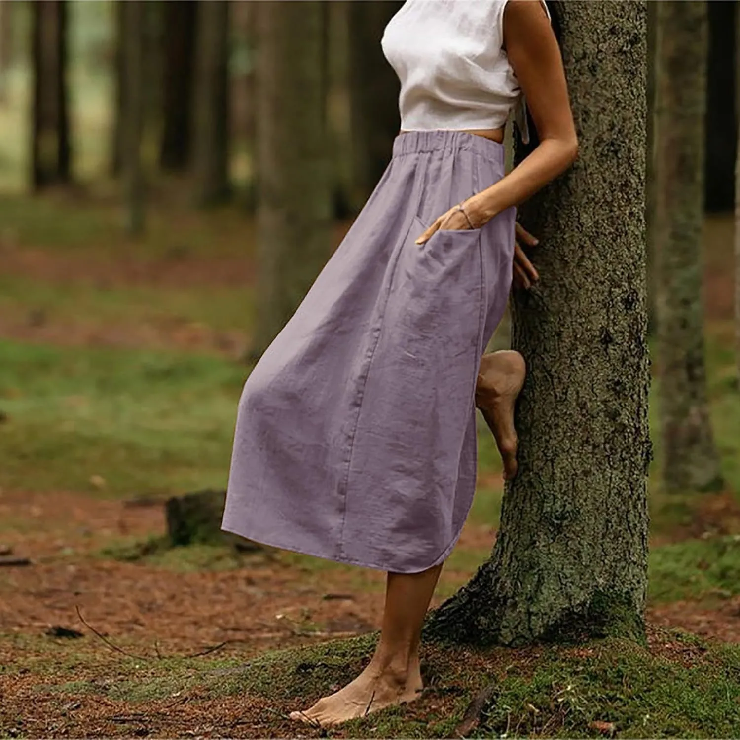Women's Elastic Waist Straight Pocket Midi Skirts A Line Midi Swing Flared Skirt Casual Solid Beach Skirt Dress