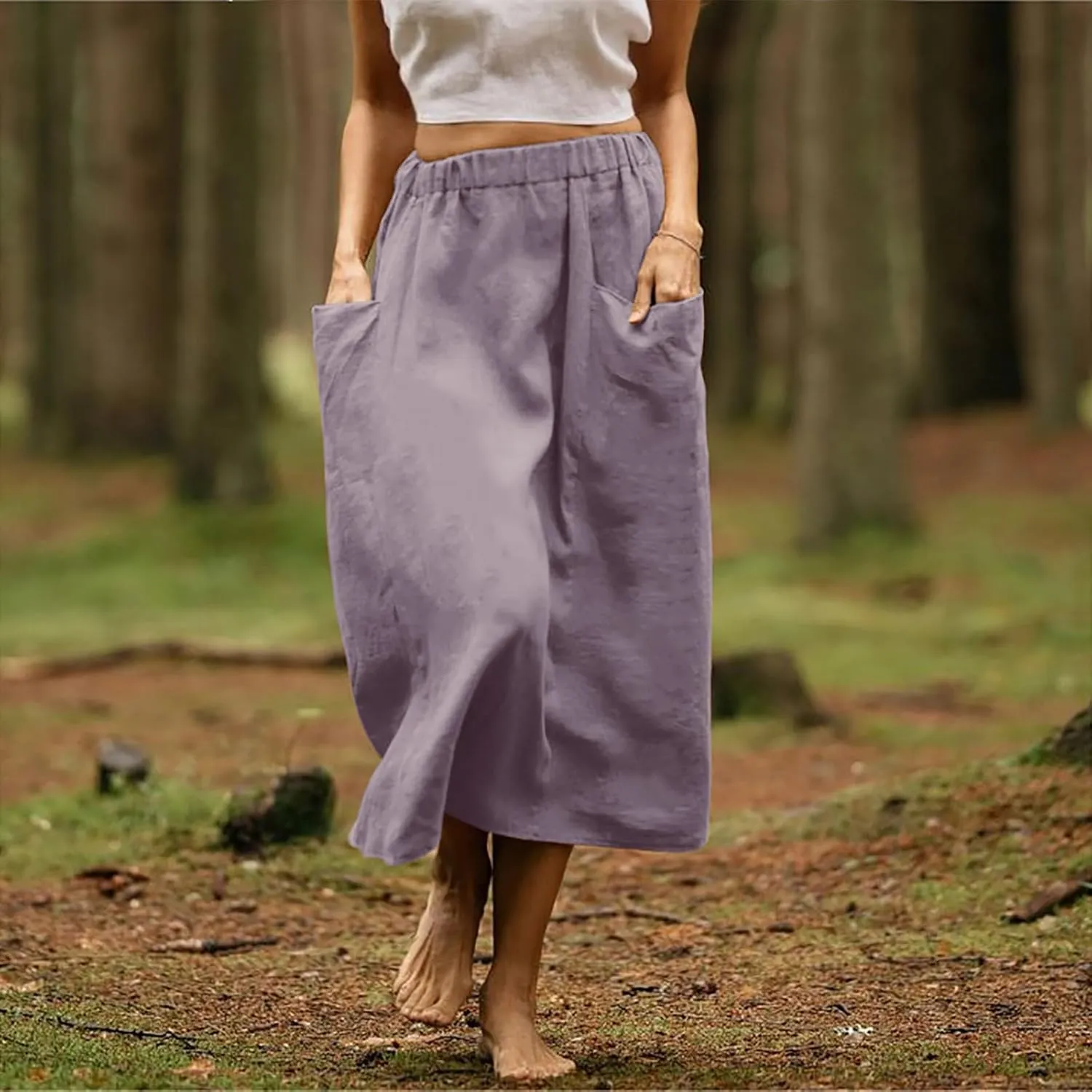 Women's Elastic Waist Straight Pocket Midi Skirts A Line Midi Swing Flared Skirt Casual Solid Beach Skirt Dress