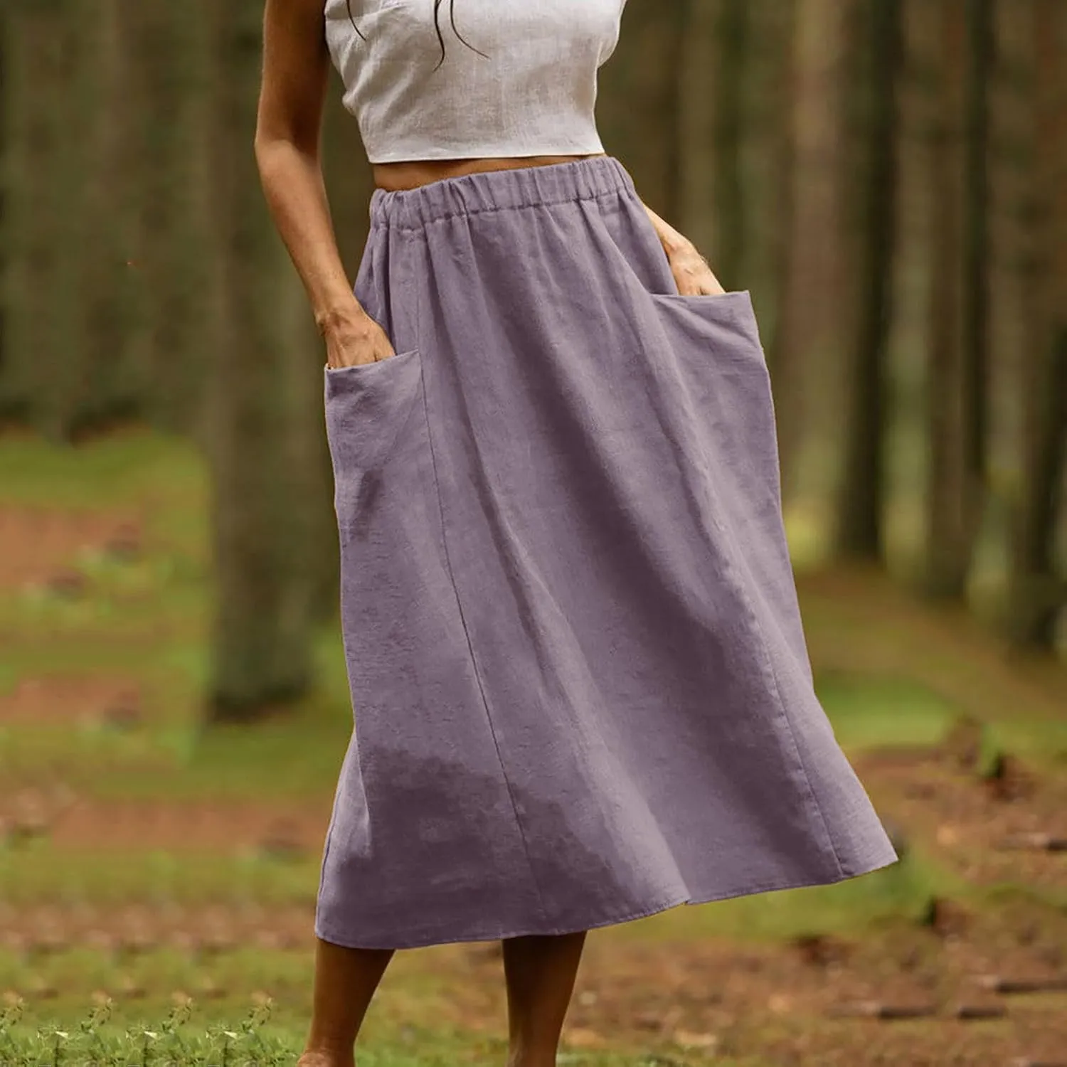 Women's Elastic Waist Straight Pocket Midi Skirts A Line Midi Swing Flared Skirt Casual Solid Beach Skirt Dress