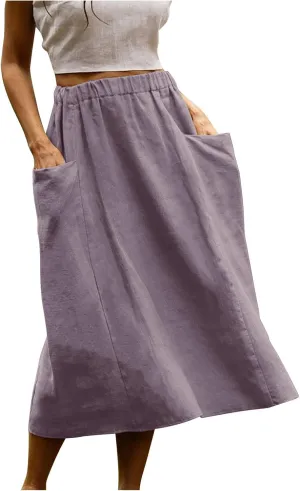 Women's Elastic Waist Straight Pocket Midi Skirts A Line Midi Swing Flared Skirt Casual Solid Beach Skirt Dress
