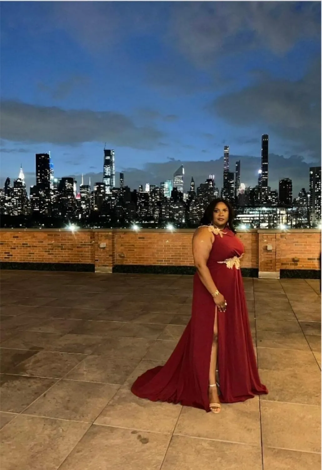 Women's Elegant High Slit 3D Floral Embroidered Evening Maxi Dress Formal Prom Gown for Wedding Guest