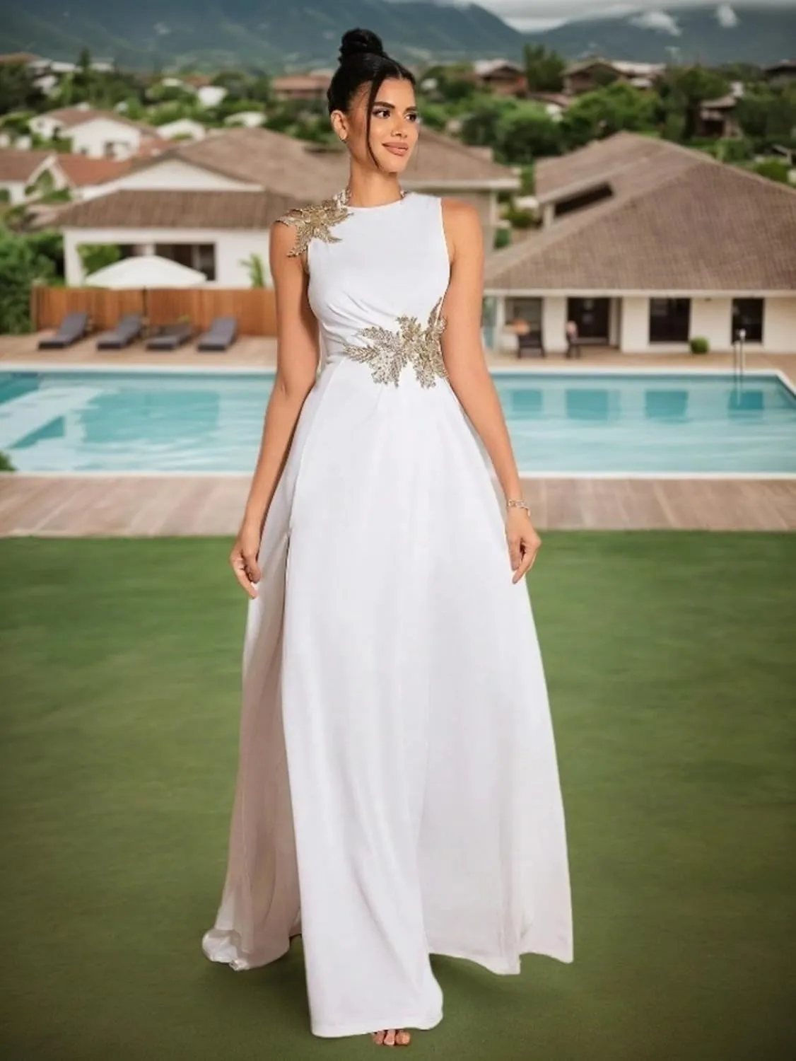 Women's Elegant High Slit 3D Floral Embroidered Evening Maxi Dress Formal Prom Gown for Wedding Guest