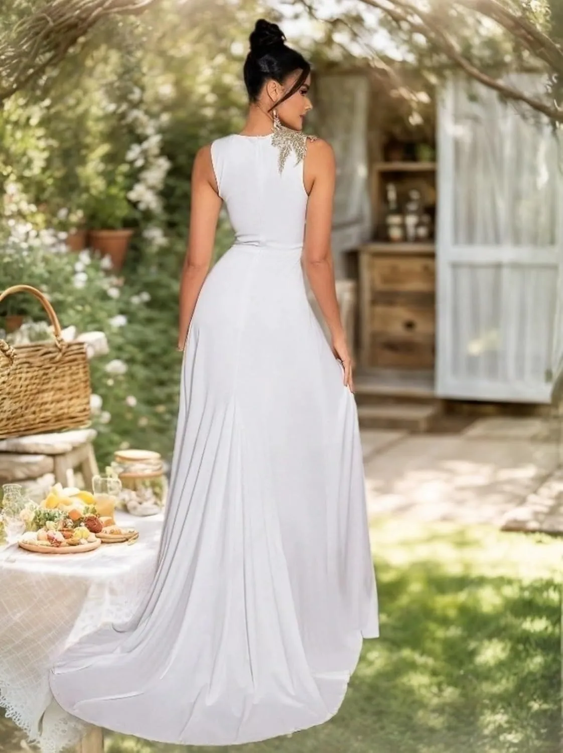 Women's Elegant High Slit 3D Floral Embroidered Evening Maxi Dress Formal Prom Gown for Wedding Guest