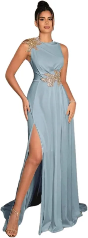 Women's Elegant High Slit 3D Floral Embroidered Evening Maxi Dress Formal Prom Gown for Wedding Guest