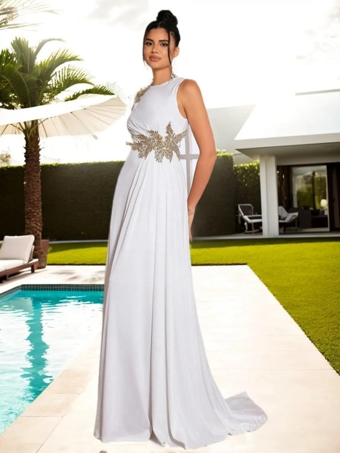 Women's Elegant High Slit 3D Floral Embroidered Evening Maxi Dress Formal Prom Gown for Wedding Guest