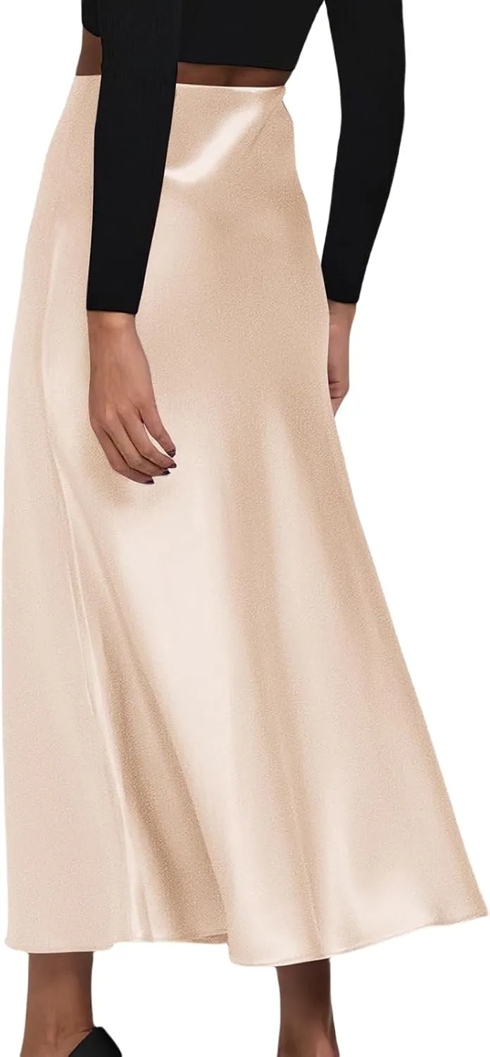 Womens Elegant Satin Skirts Casual A Line Midi Skirt Summer Spring High Waist Cocktail Party Wedding Long Skirt