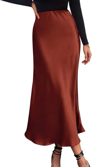 Womens Elegant Satin Skirts Casual A Line Midi Skirt Summer Spring High Waist Cocktail Party Wedding Long Skirt