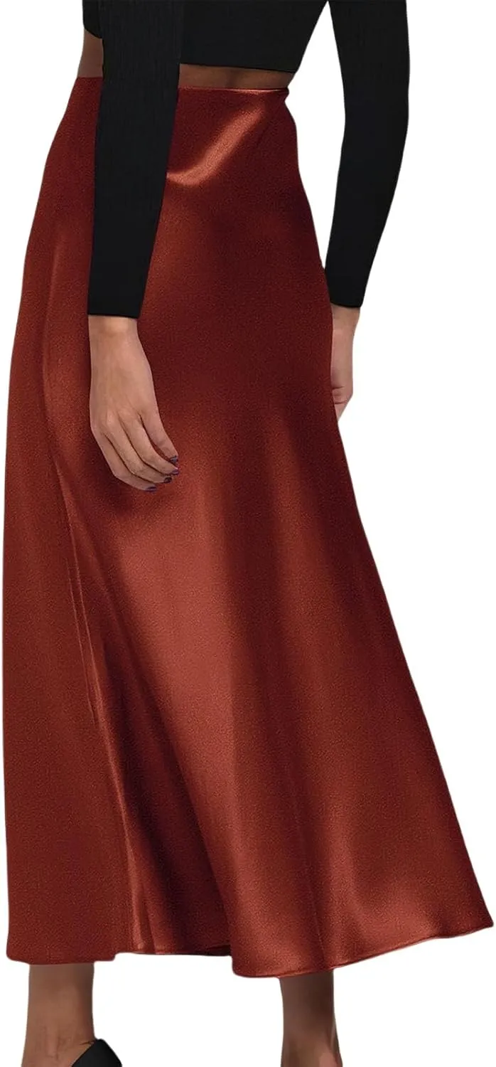 Womens Elegant Satin Skirts Casual A Line Midi Skirt Summer Spring High Waist Cocktail Party Wedding Long Skirt