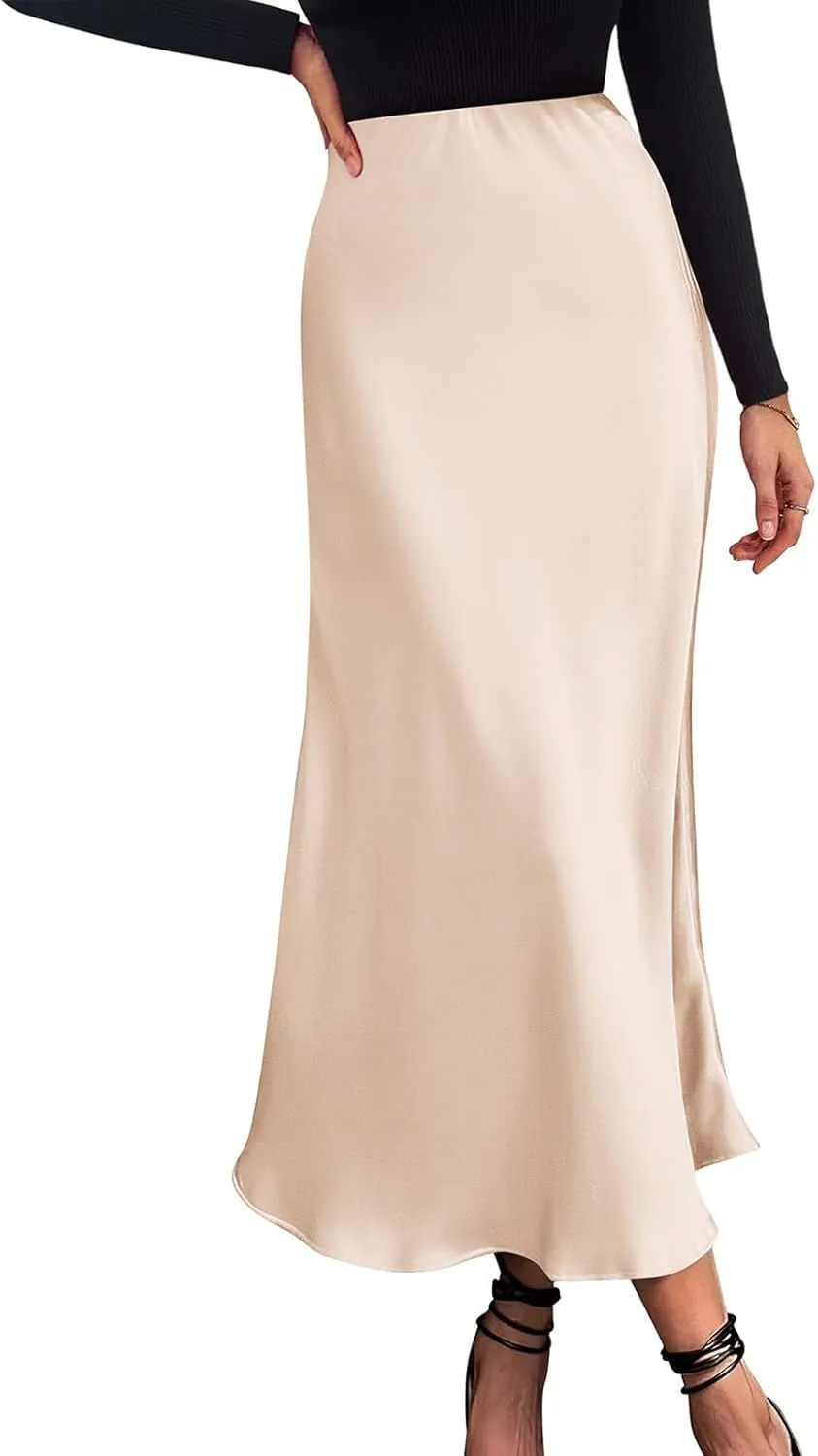 Womens Elegant Satin Skirts Casual A Line Midi Skirt Summer Spring High Waist Cocktail Party Wedding Long Skirt
