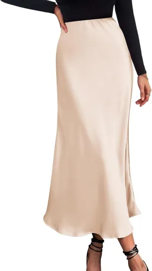Womens Elegant Satin Skirts Casual A Line Midi Skirt Summer Spring High Waist Cocktail Party Wedding Long Skirt