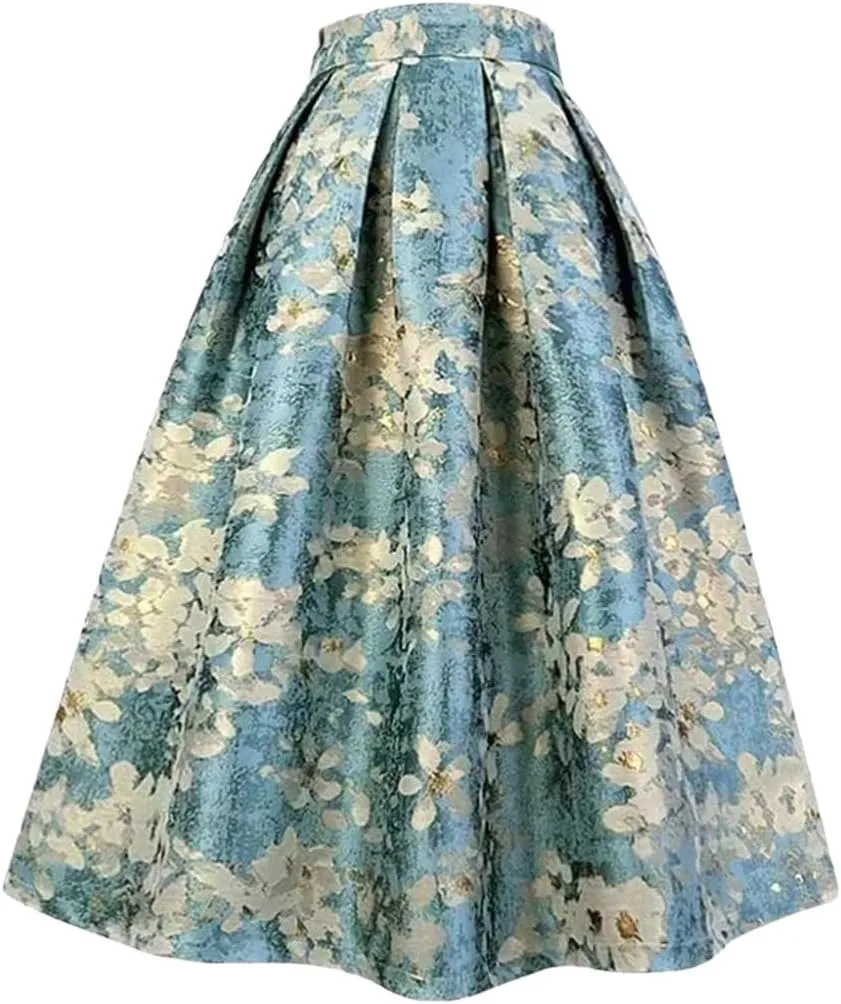 Women's Embroidery Vintage Social Skirt Slim Fit High Waist Long Pleated Midi Skirt 01 5XL#100cm Length
