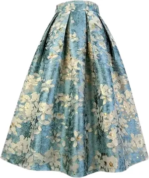 Women's Embroidery Vintage Social Skirt Slim Fit High Waist Long Pleated Midi Skirt 01 5XL#100cm Length