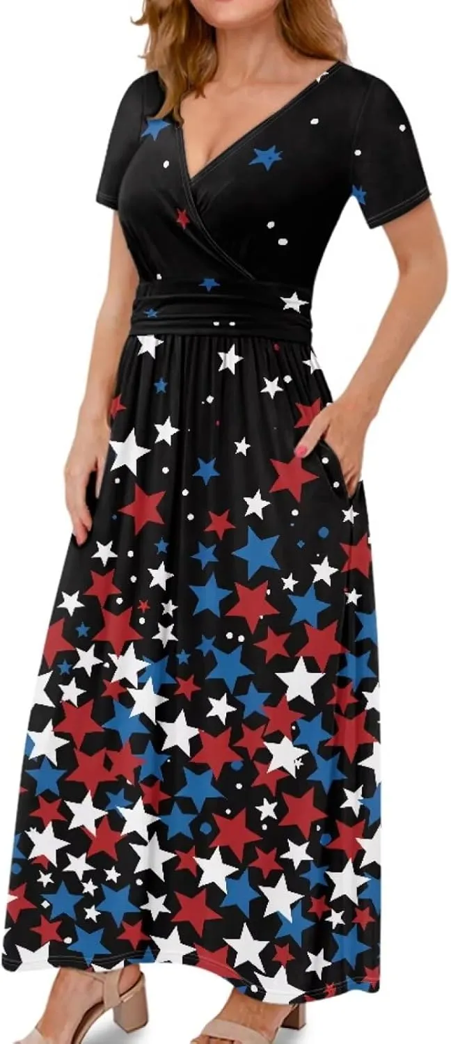 Womens Fall Dresses Short Sleeve V-Neck Maxi Dress with Pockets Empire Pleated Waist Swing Dress for Wedding Guest