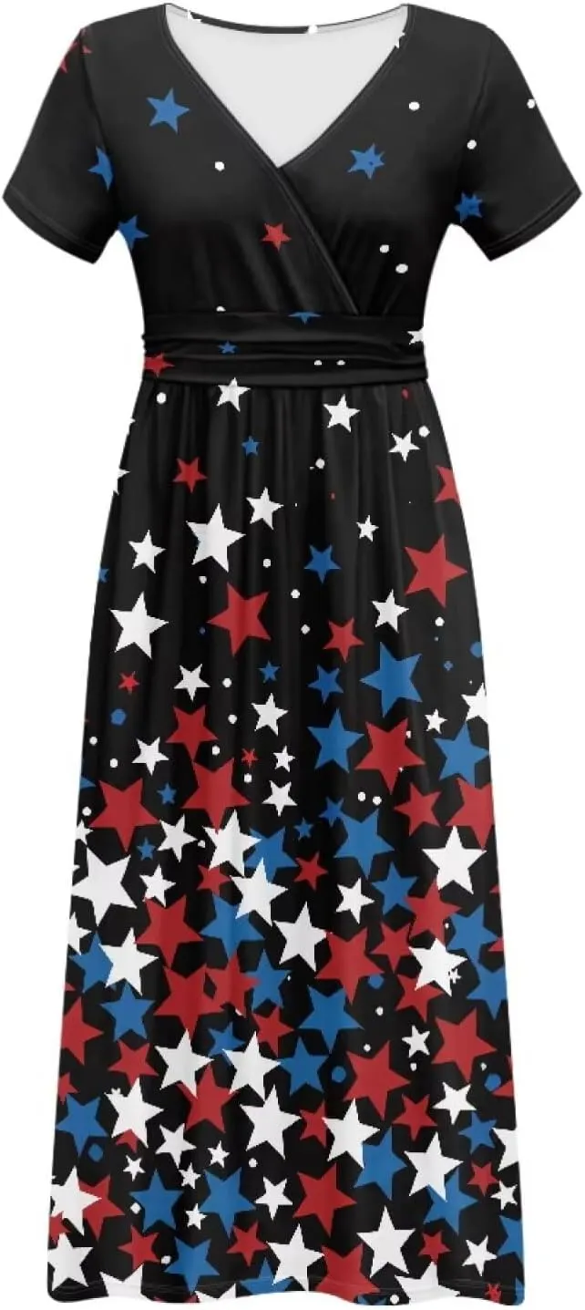 Womens Fall Dresses Short Sleeve V-Neck Maxi Dress with Pockets Empire Pleated Waist Swing Dress for Wedding Guest