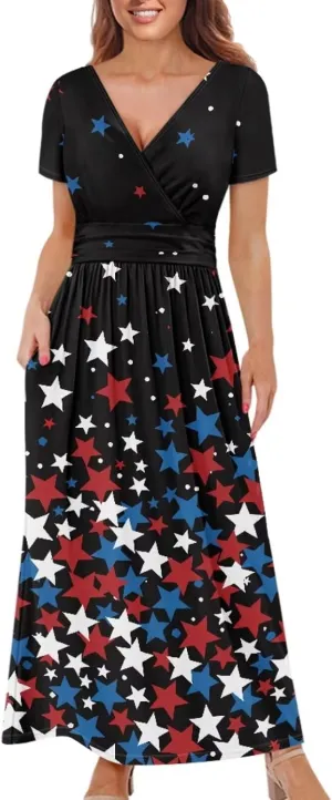 Womens Fall Dresses Short Sleeve V-Neck Maxi Dress with Pockets Empire Pleated Waist Swing Dress for Wedding Guest
