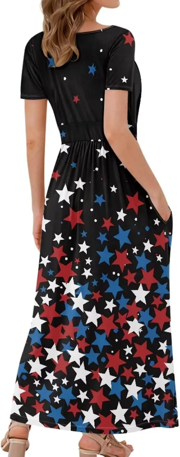 Womens Fall Dresses Short Sleeve V-Neck Maxi Dress with Pockets Empire Pleated Waist Swing Dress for Wedding Guest
