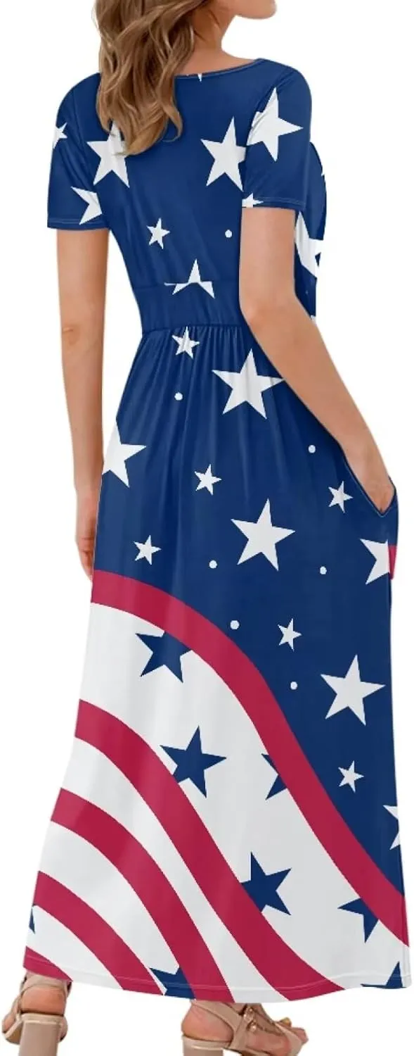Womens Fall Dresses Short Sleeve V-Neck Maxi Dress with Pockets Empire Pleated Waist Swing Dress for Wedding Guest