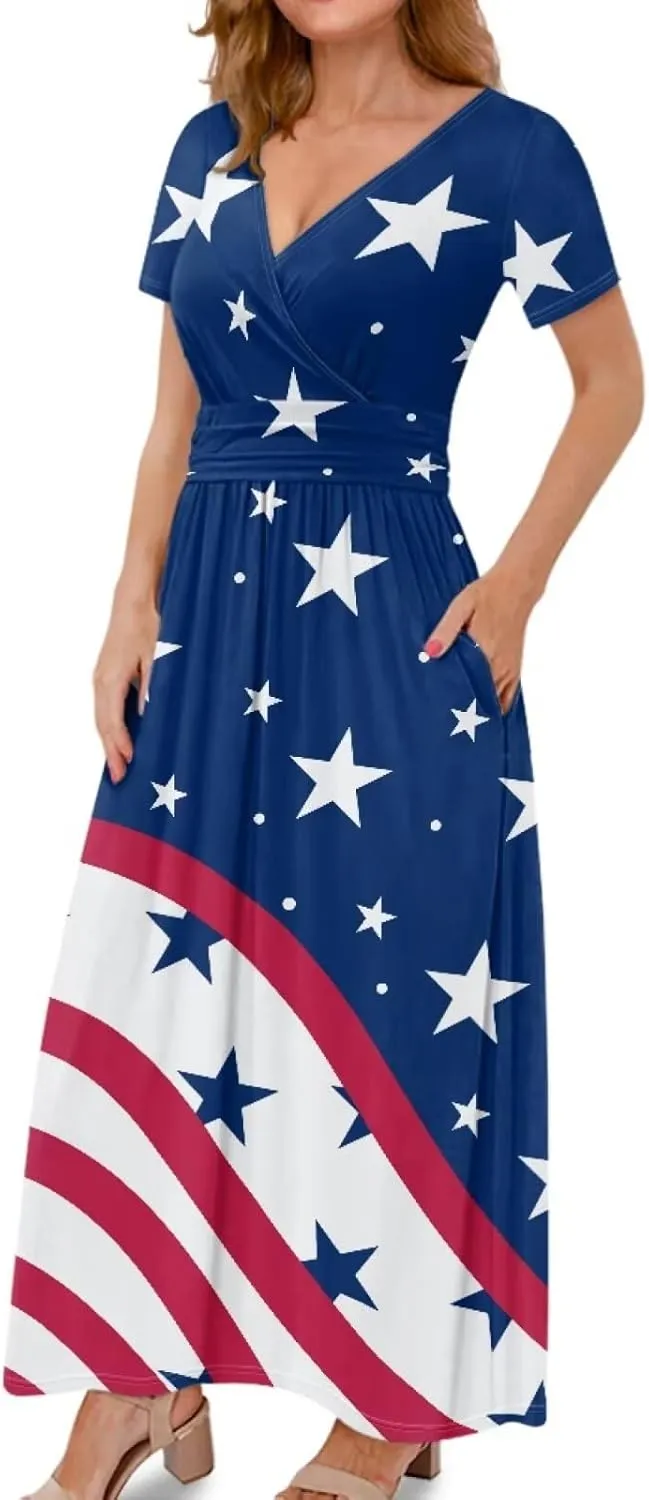 Womens Fall Dresses Short Sleeve V-Neck Maxi Dress with Pockets Empire Pleated Waist Swing Dress for Wedding Guest