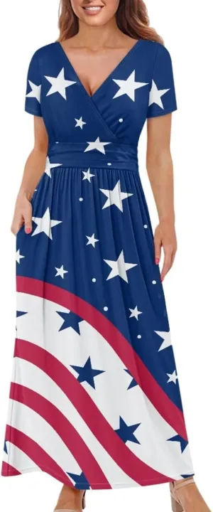 Womens Fall Dresses Short Sleeve V-Neck Maxi Dress with Pockets Empire Pleated Waist Swing Dress for Wedding Guest
