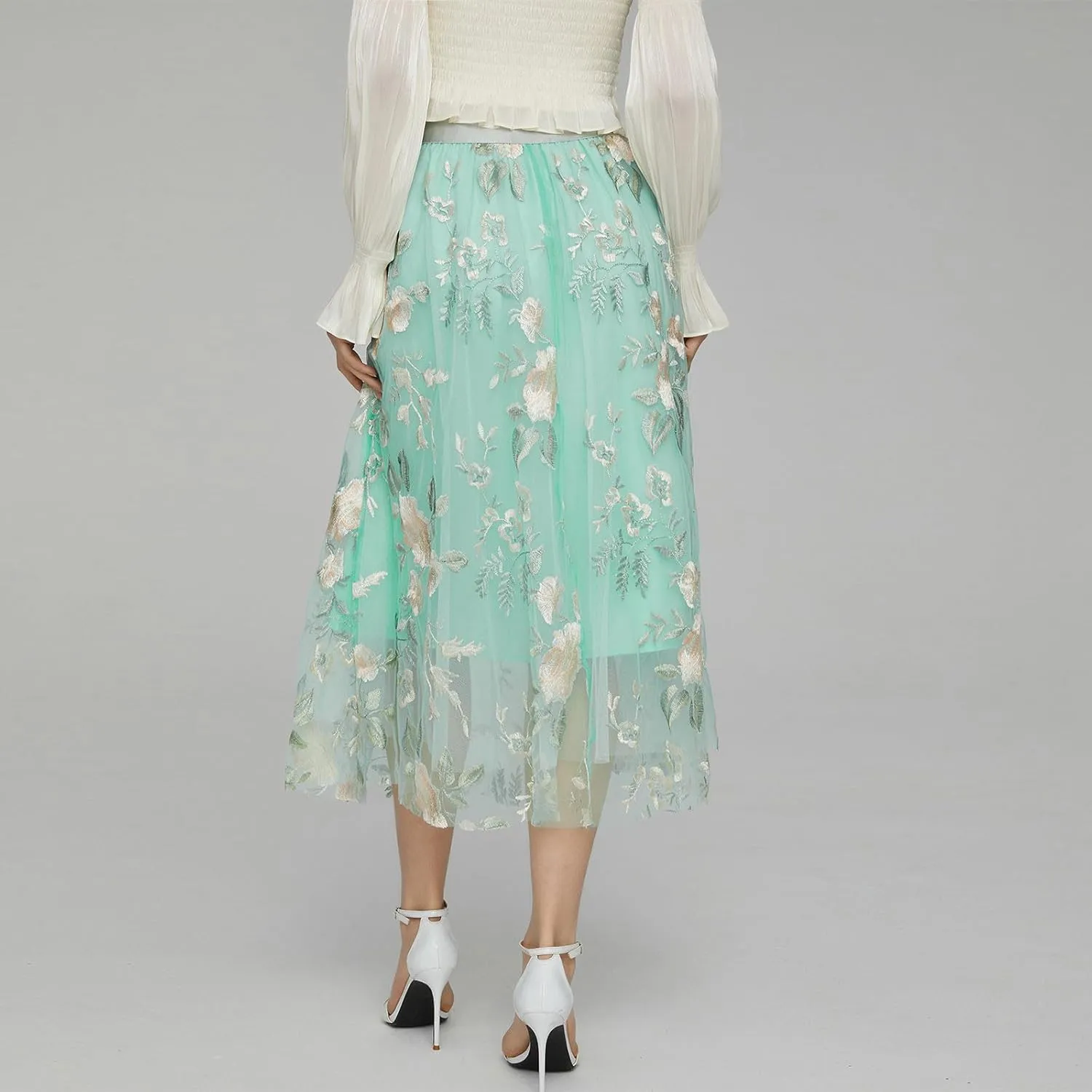 Womens Floral Embroidered Tulle Skirt Flared Pleated Flowy A Line High Elastic Waist Mesh Double-Layered Midi Skirts