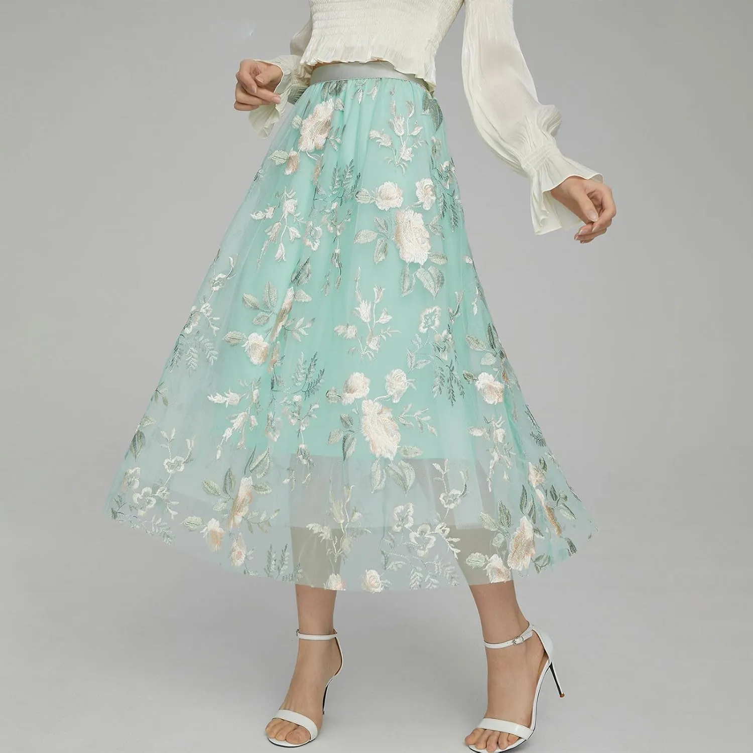 Womens Floral Embroidered Tulle Skirt Flared Pleated Flowy A Line High Elastic Waist Mesh Double-Layered Midi Skirts