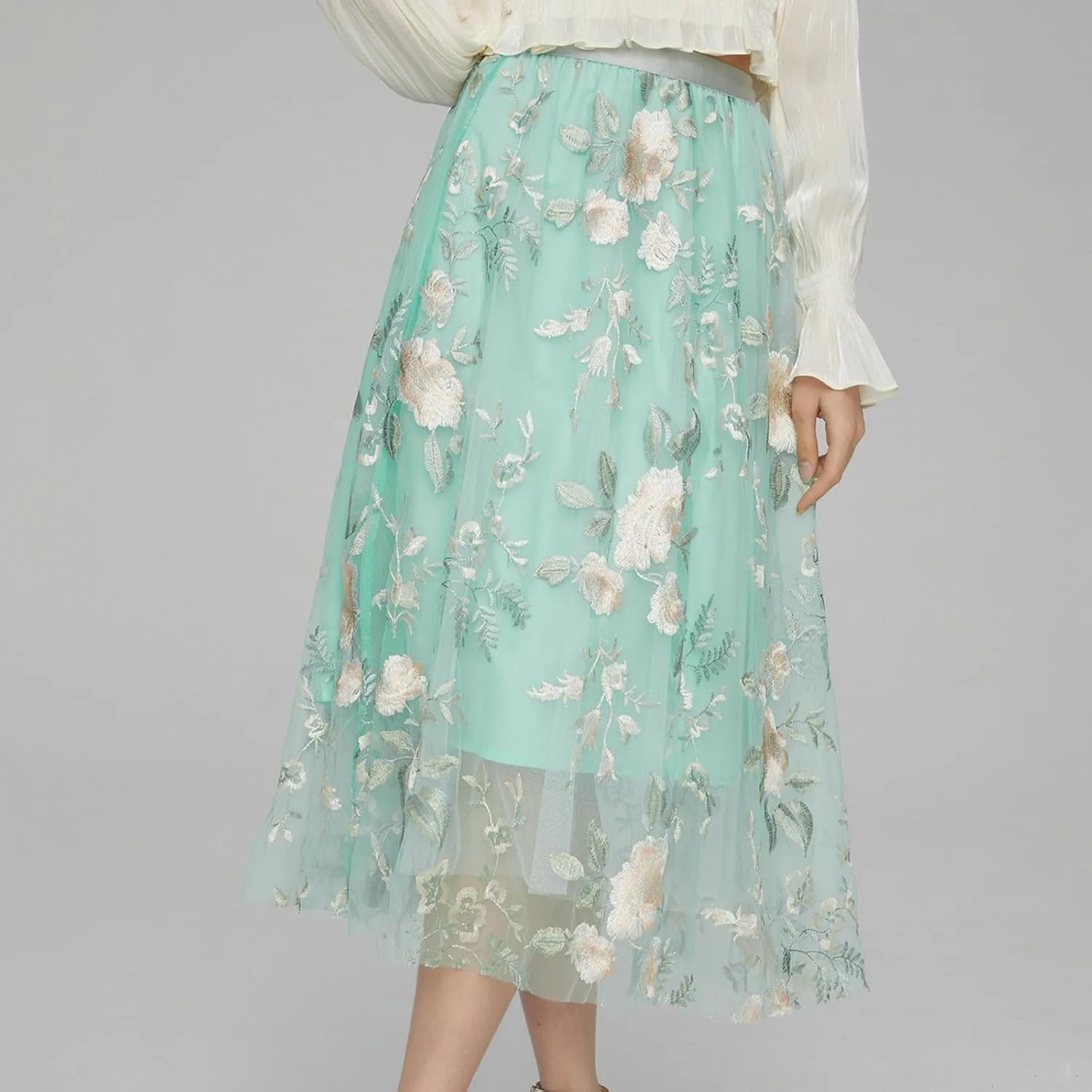 Womens Floral Embroidered Tulle Skirt Flared Pleated Flowy A Line High Elastic Waist Mesh Double-Layered Midi Skirts
