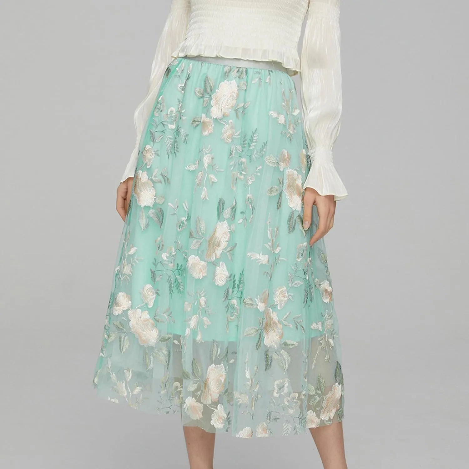 Womens Floral Embroidered Tulle Skirt Flared Pleated Flowy A Line High Elastic Waist Mesh Double-Layered Midi Skirts