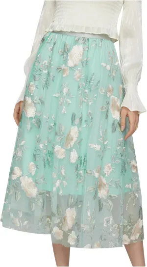 Womens Floral Embroidered Tulle Skirt Flared Pleated Flowy A Line High Elastic Waist Mesh Double-Layered Midi Skirts