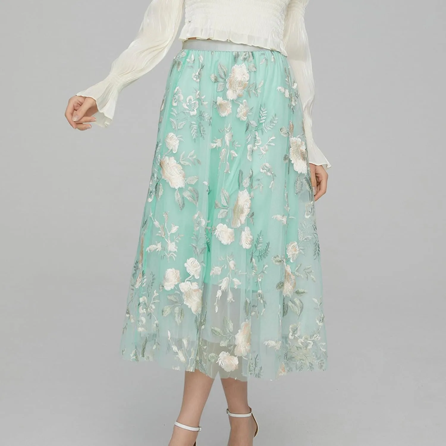 Womens Floral Embroidered Tulle Skirt Flared Pleated Flowy A Line High Elastic Waist Mesh Double-Layered Midi Skirts