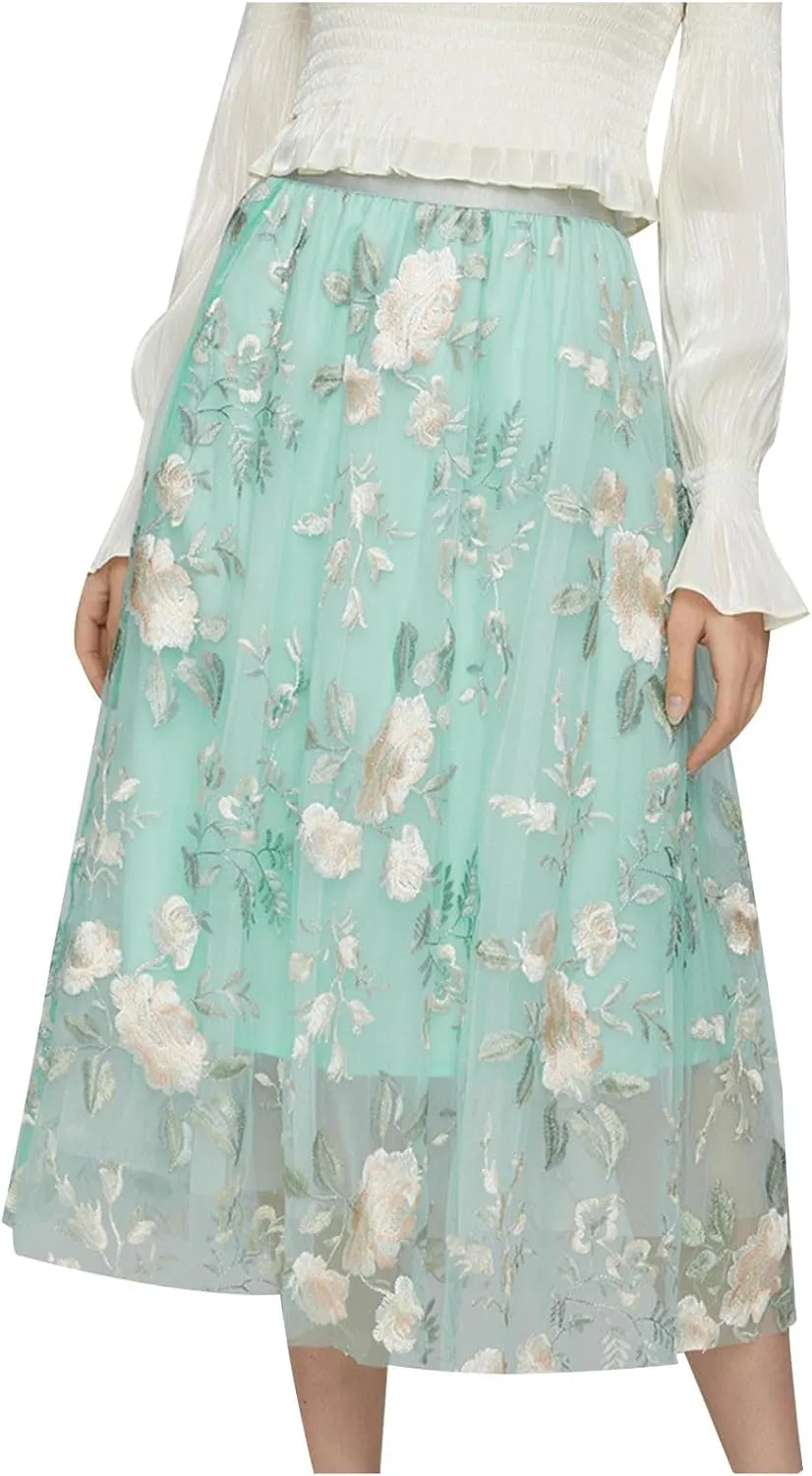 Womens Floral Embroidered Tulle Skirt Flared Pleated Flowy A Line High Elastic Waist Mesh Double-Layered Midi Skirts