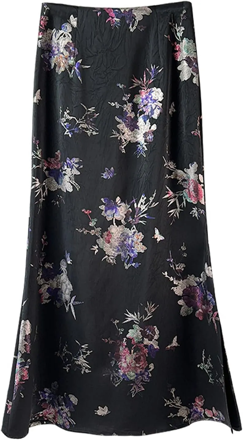 Womens Floral Satin Silk High Waisted Midi Length Skirts Summer Zipper Trendy Side Split Skirts