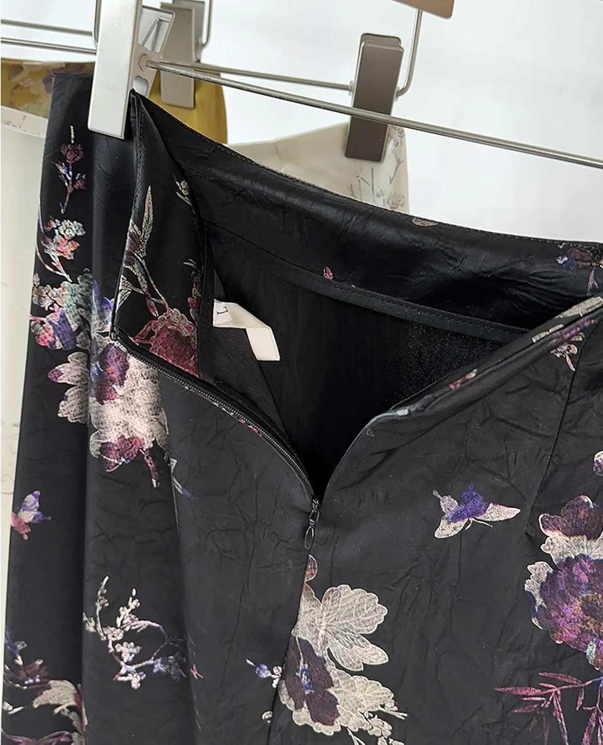 Womens Floral Satin Silk High Waisted Midi Length Skirts Summer Zipper Trendy Side Split Skirts