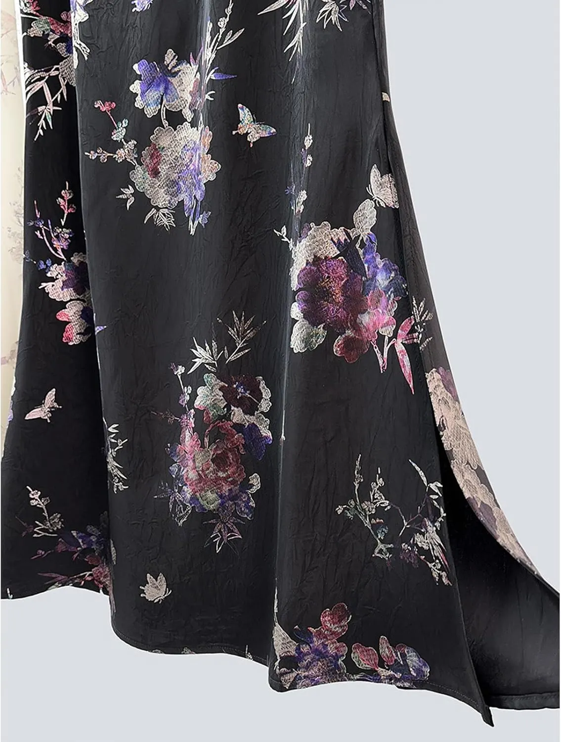 Womens Floral Satin Silk High Waisted Midi Length Skirts Summer Zipper Trendy Side Split Skirts