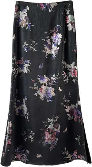 Womens Floral Satin Silk High Waisted Midi Length Skirts Summer Zipper Trendy Side Split Skirts