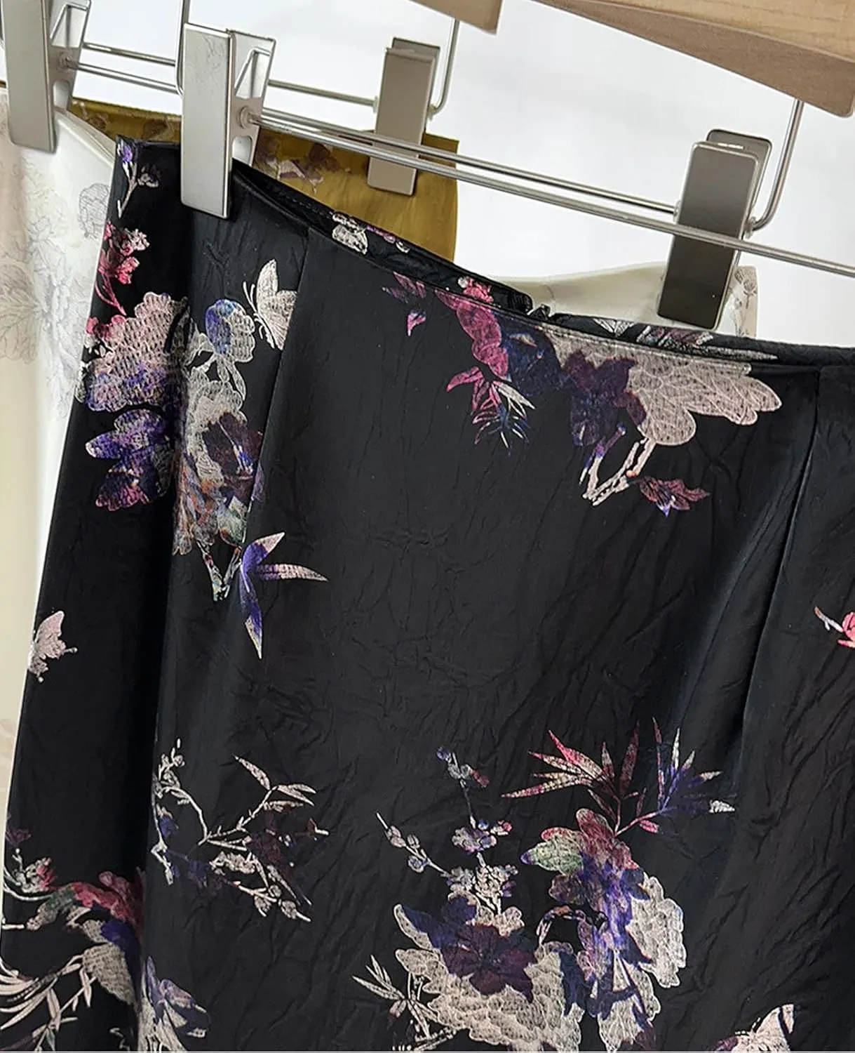 Womens Floral Satin Silk High Waisted Midi Length Skirts Summer Zipper Trendy Side Split Skirts