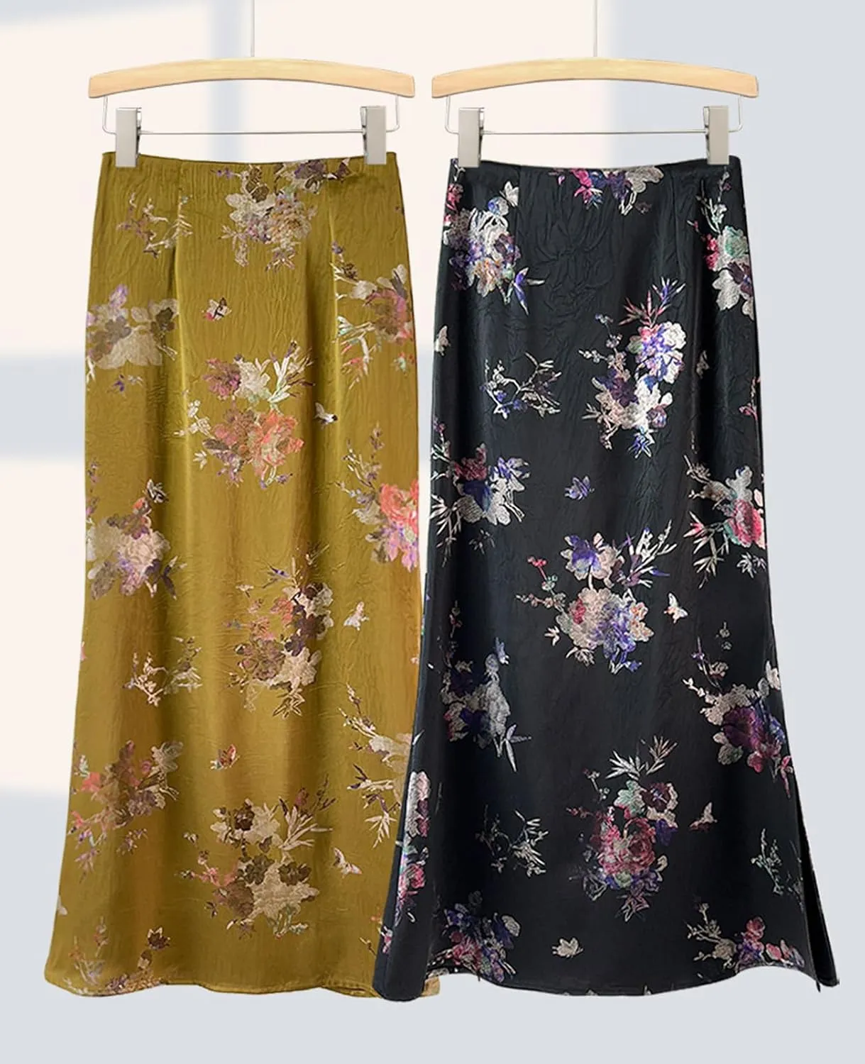 Womens Floral Satin Silk High Waisted Midi Length Skirts Summer Zipper Trendy Side Split Skirts