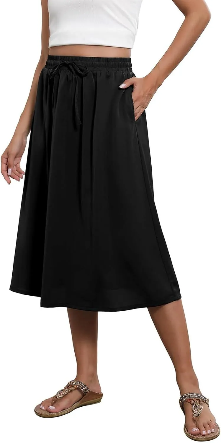 Women's Flowy Midi Skirts Elastic High Waist A-Line Casual Ruffle Skirts Pleated Boho Floral Skirts with Pockets
