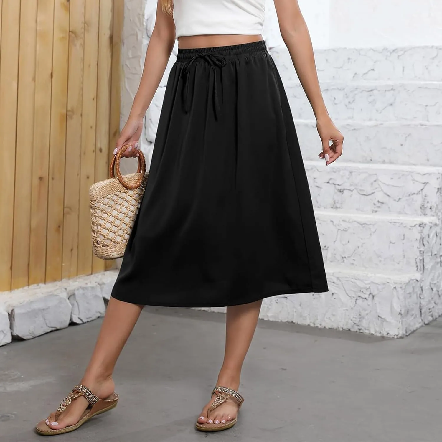 Women's Flowy Midi Skirts Elastic High Waist A-Line Casual Ruffle Skirts Pleated Boho Floral Skirts with Pockets