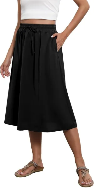 Women's Flowy Midi Skirts Elastic High Waist A-Line Casual Ruffle Skirts Pleated Boho Floral Skirts with Pockets