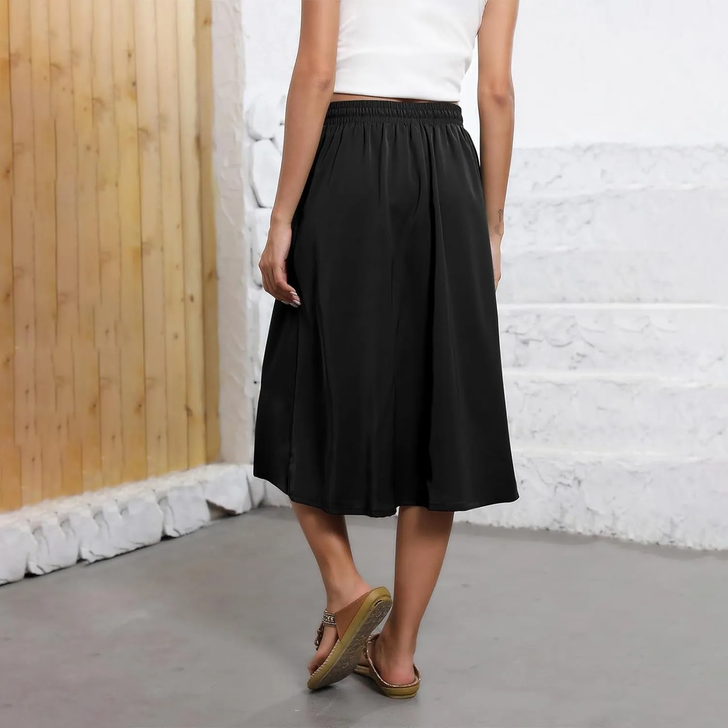 Women's Flowy Midi Skirts Elastic High Waist A-Line Casual Ruffle Skirts Pleated Boho Floral Skirts with Pockets