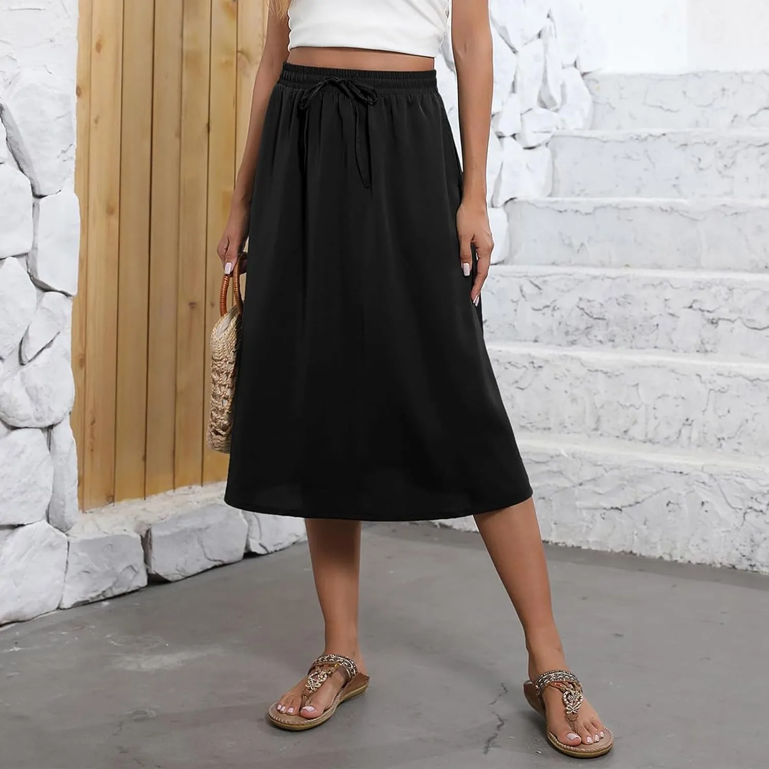 Women's Flowy Midi Skirts Elastic High Waist A-Line Casual Ruffle Skirts Pleated Boho Floral Skirts with Pockets