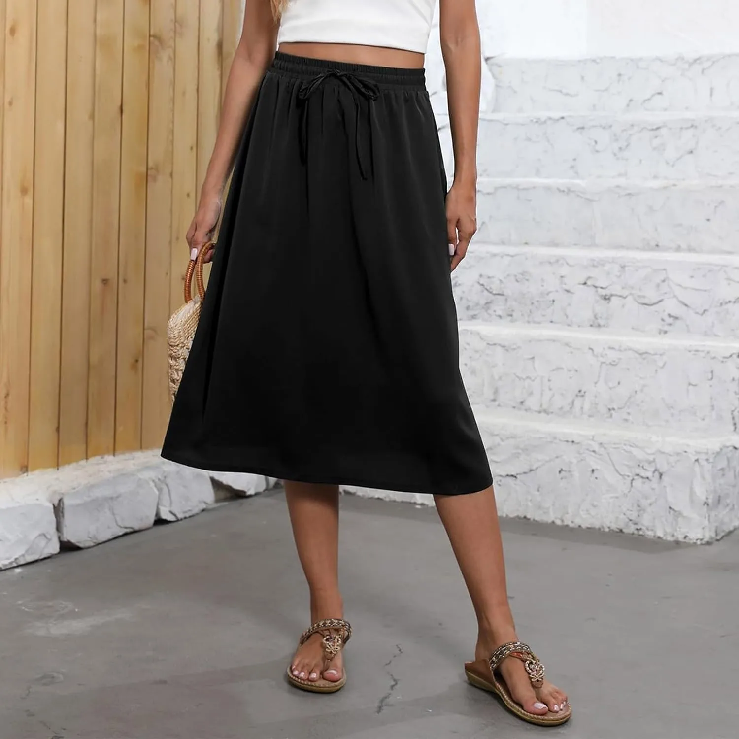 Women's Flowy Midi Skirts Elastic High Waist A-Line Casual Ruffle Skirts Pleated Boho Floral Skirts with Pockets