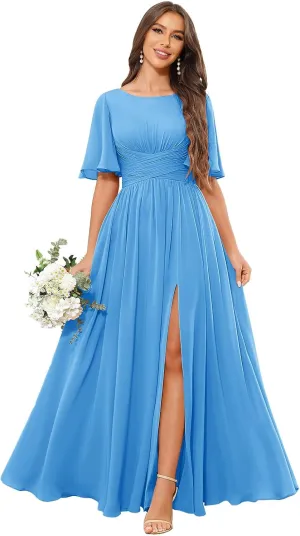 Women's Flutter Sleeve Chiffon Bridesmaid Dress with Pockets Scoop Neck A-line Long Formal Evening Dress with Slit