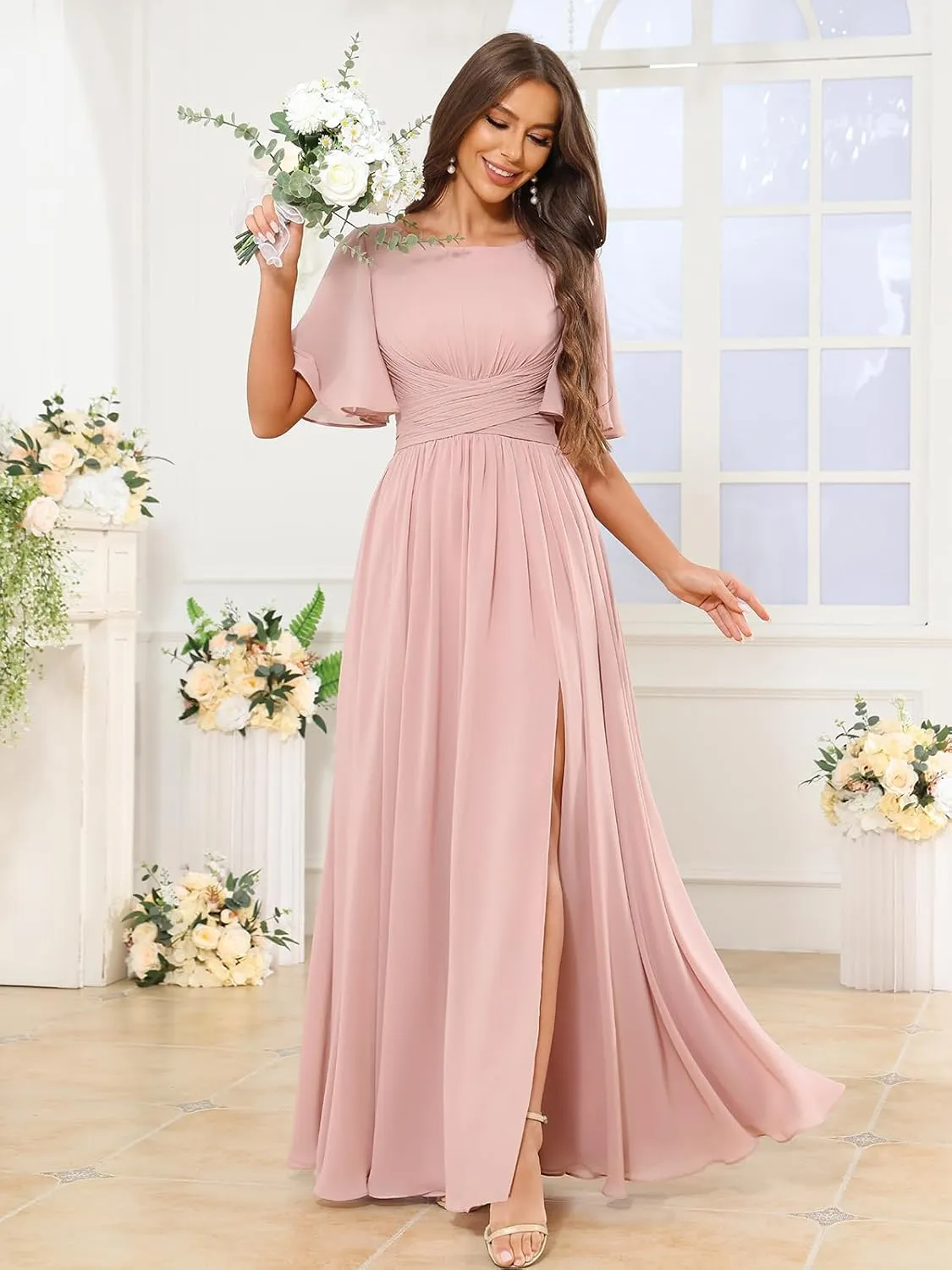 Women's Flutter Sleeve Chiffon Bridesmaid Dress with Pockets Scoop Neck A-line Long Formal Evening Dress with Slit