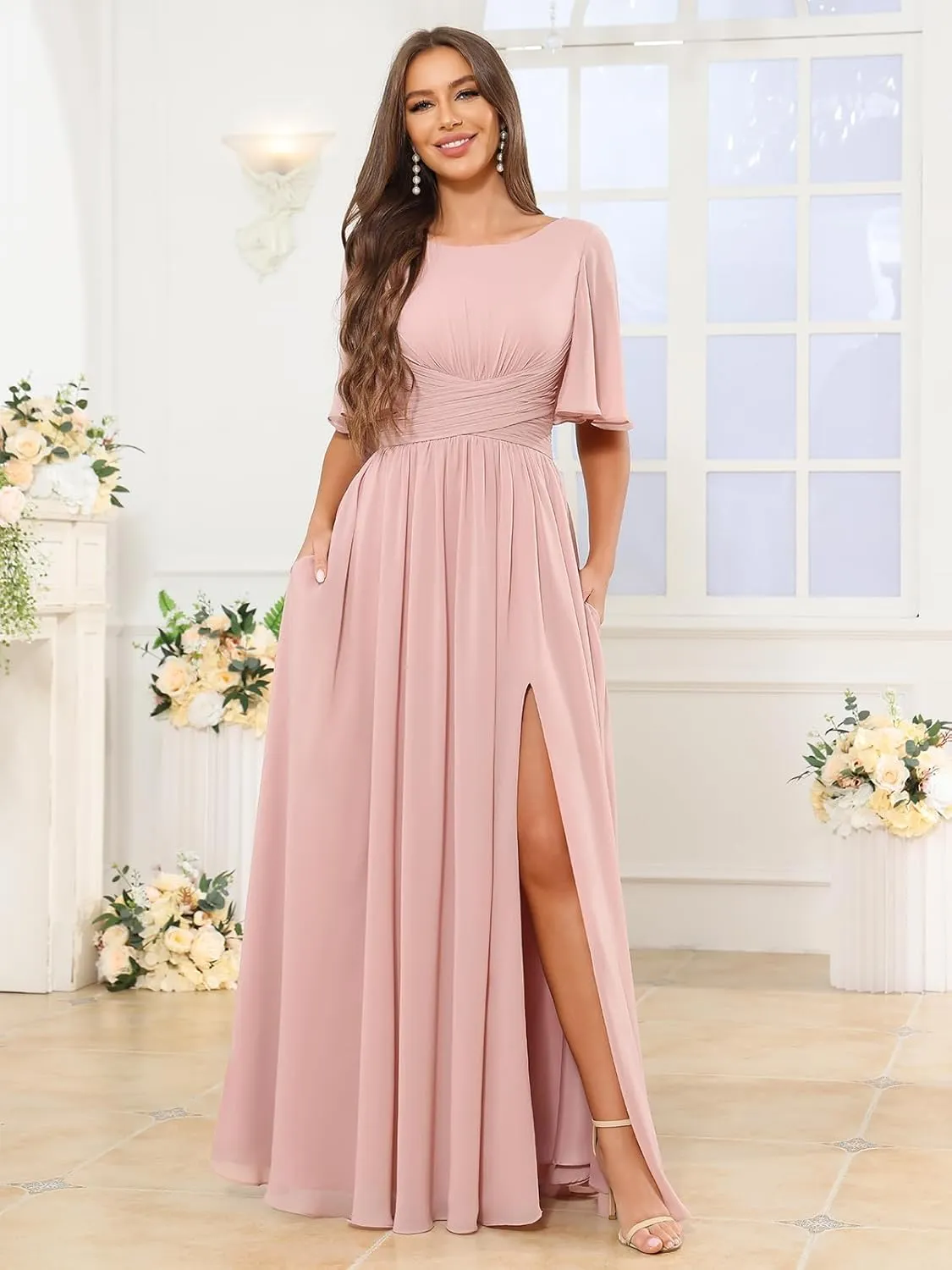 Women's Flutter Sleeve Chiffon Bridesmaid Dress with Pockets Scoop Neck A-line Long Formal Evening Dress with Slit