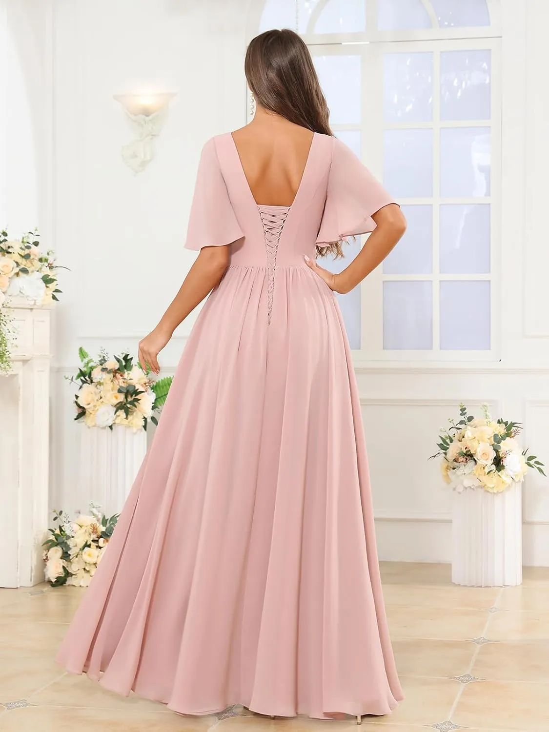 Women's Flutter Sleeve Chiffon Bridesmaid Dress with Pockets Scoop Neck A-line Long Formal Evening Dress with Slit
