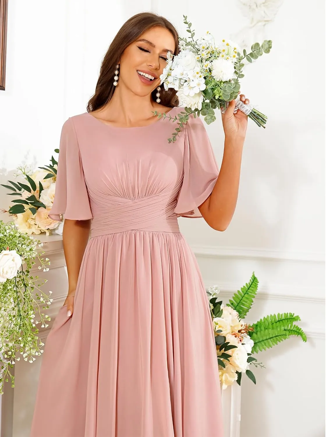 Women's Flutter Sleeve Chiffon Bridesmaid Dress with Pockets Scoop Neck A-line Long Formal Evening Dress with Slit