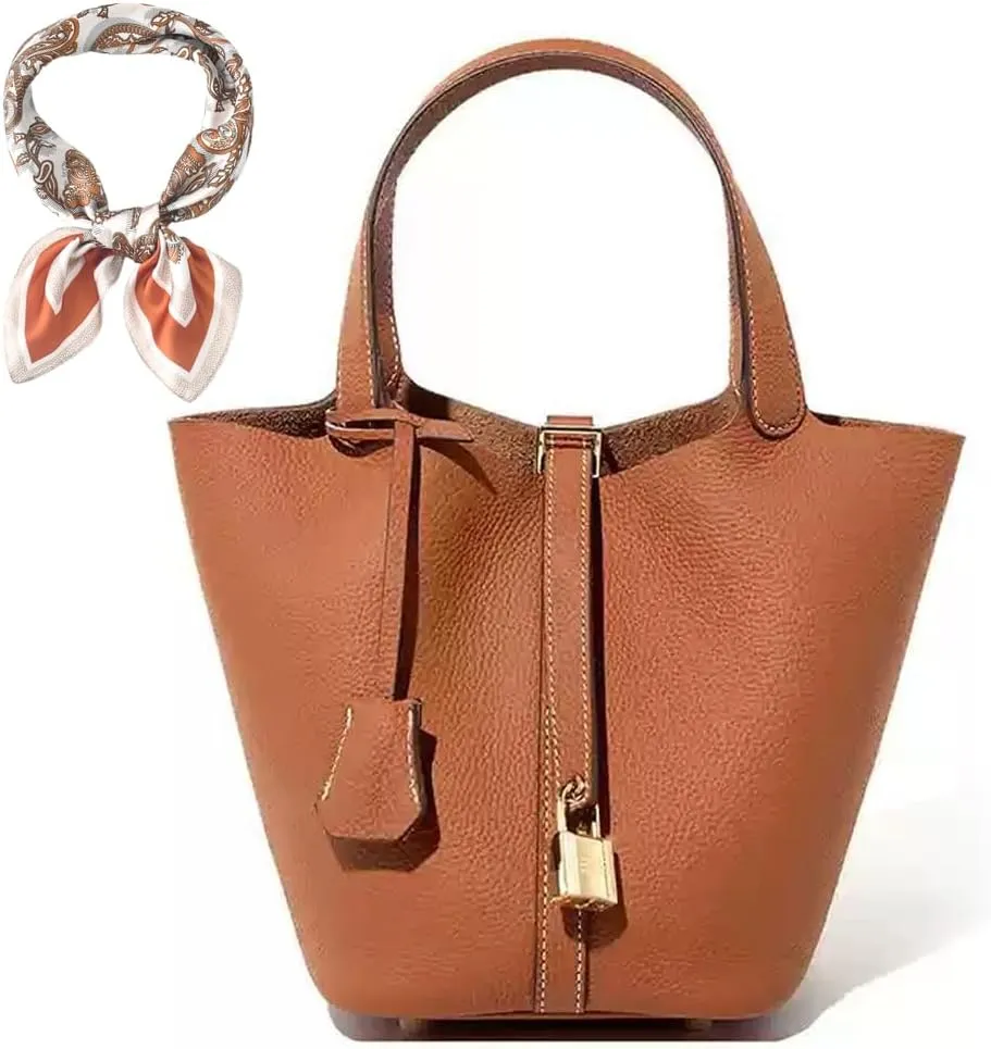 Women's Genuine Leather Bucket Bag Leather Handbag Lock Design Top-handle Purses Shoulder Handbag, Small