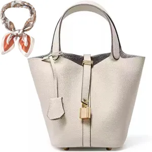 Women's Genuine Leather Bucket Bag Leather Handbag Lock Design Top-handle Purses Shoulder Handbag, Small